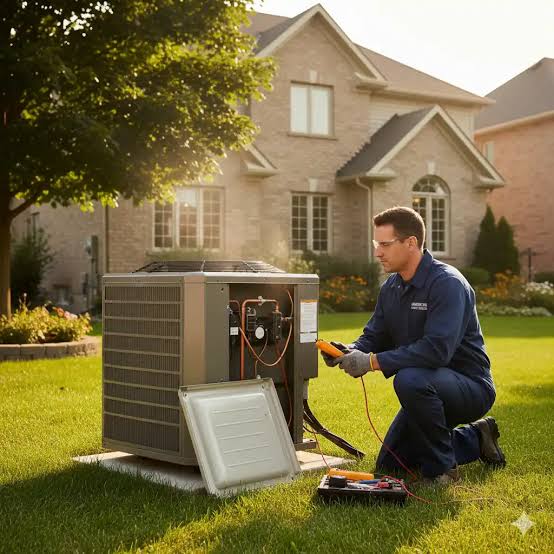 Technician servicing an outdoor residential air conditioning unit